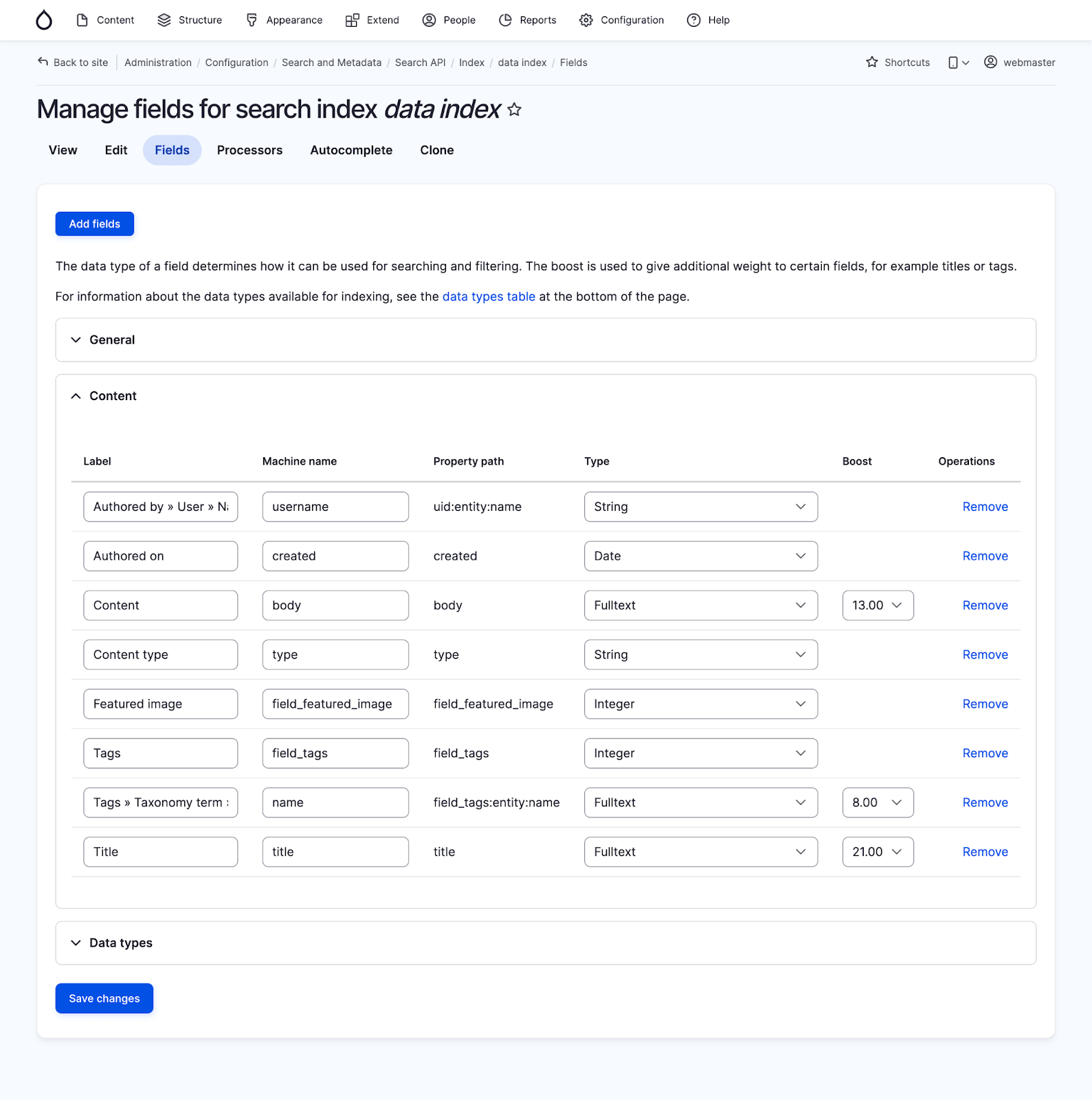 manage fields for search